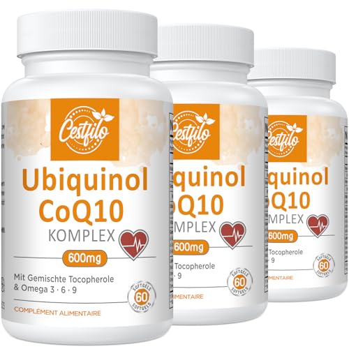 Ubiquinol CoQ10 600 mg cápsula blanda   Forma activa de CoQ10 más vitamina E y omega 3 6 9   Suplemento antioxidante avanzado de coenzima Q10 para el corazón y el cerebro (60 unidad (Paquete de 3))