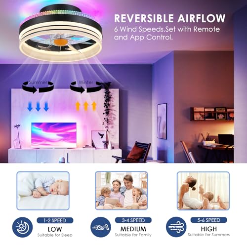 Image of Mpayel RGB Ceiling Fans with Lights, 13 inch Low Profile Ceiling Fan with Light and Remote, 3000-6000K Dimmable Modern Black Flush Mount LED Fan Light for Bedroom, Living Room, Kitchen