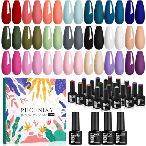 PHOENIXY 24 PCS Gel Nail Polish Set, 21 Colors Gel Nail Polish Kit with Base Glossy Matte Top Coat...
