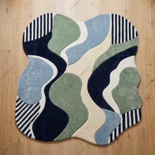 Image of Tauhid Carpet Super Soft Microfiber Shaggy Area Rug | Modern Irregular Abstract Blue, Green & White Plush Carpet | Fluffy Floor Rug for Living Room, Bedroom 6 x 8 Feet.