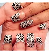 Leopard Print Press on Nails Medium Square Fake Nails Glossy False Nails with Rhinestone Design L...