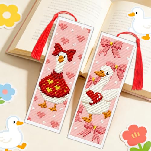 Image of ACRNIGHEET 6PCS Cross Stitch Bookmark Kit for Beginner Cute Goose Stamped Cross Stitch Kits Needlepoint Kit for Adults DIY Tassel Embroidery Bookmark Kits with Instructions Craft Gift 8.5 inchx3 inch 11CT