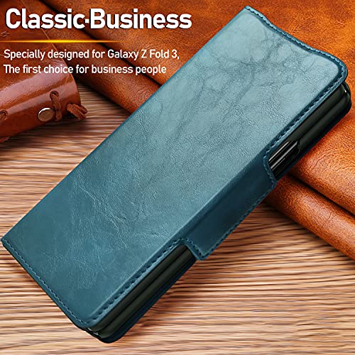 Vizvera Galaxy Z Fold 3 Case, 2021 Samsung Z Fold 3 Wallet Holster, With Multi-Layer Card Slot, Magnetic Mutual Suction Buckle Elegant Retro Texture Leather Phone Case For Samsung Z Fold3 5G-Cyan Blue #TOP4