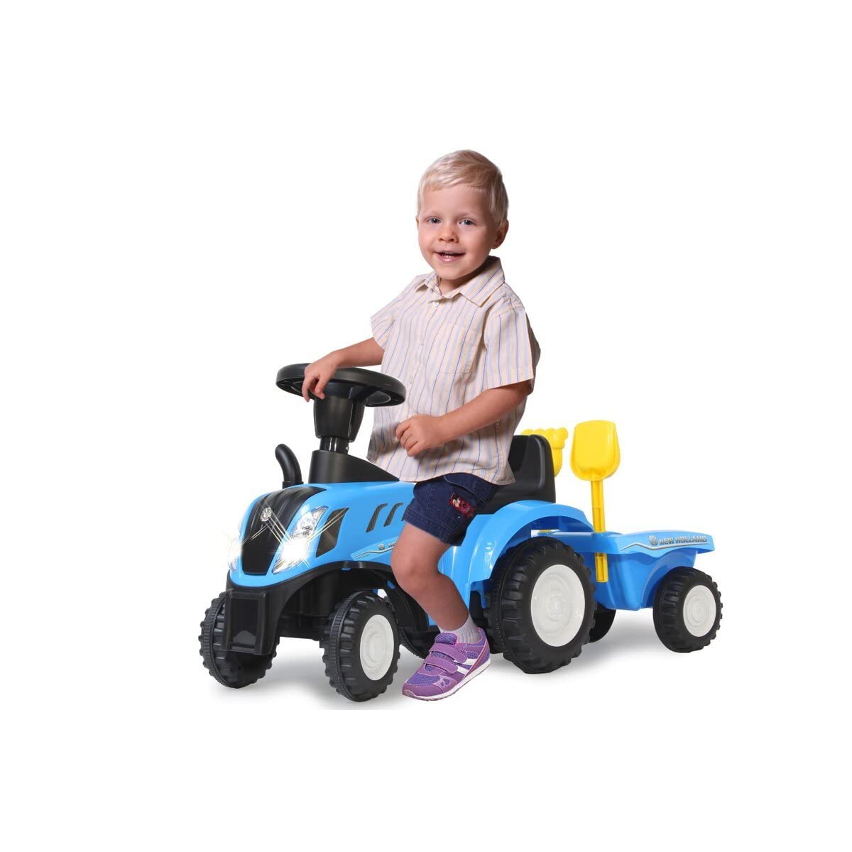 Rutscher New Holland T7 Traktor – ab 12 Monate, Sitzhöhe 270 mm, Kippschutz, originalgetreue Optik, Anhänger mit Schaufel und Rechen, LED Licht