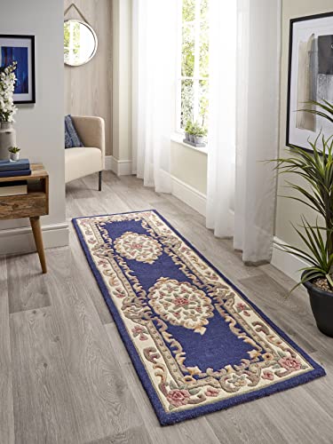 Lord of Rugs Lotus Premium Traditional Rug Aubusson Wool Heavy Thick Floral Hand Tufted Classic Rug Navy Runner 67x210 cm (2'2''x6'10'')