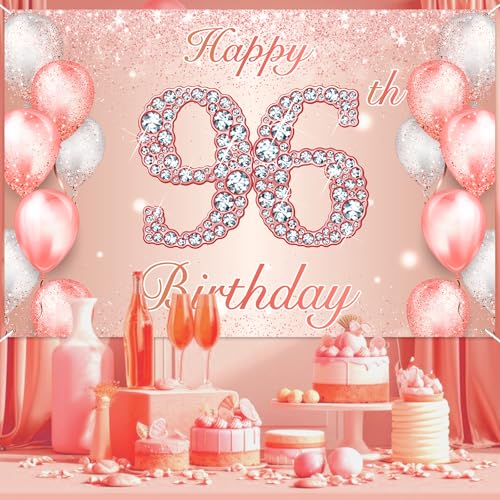 Image of Happy 96th Birthday Rose Gold Banner Cheers to 96 Years Old Backdrop Confetti Balloons Theme Decor for Women 96 Years Old Pink Birthday Party Decorations Bday Supplies Background Favors Gift Glitter