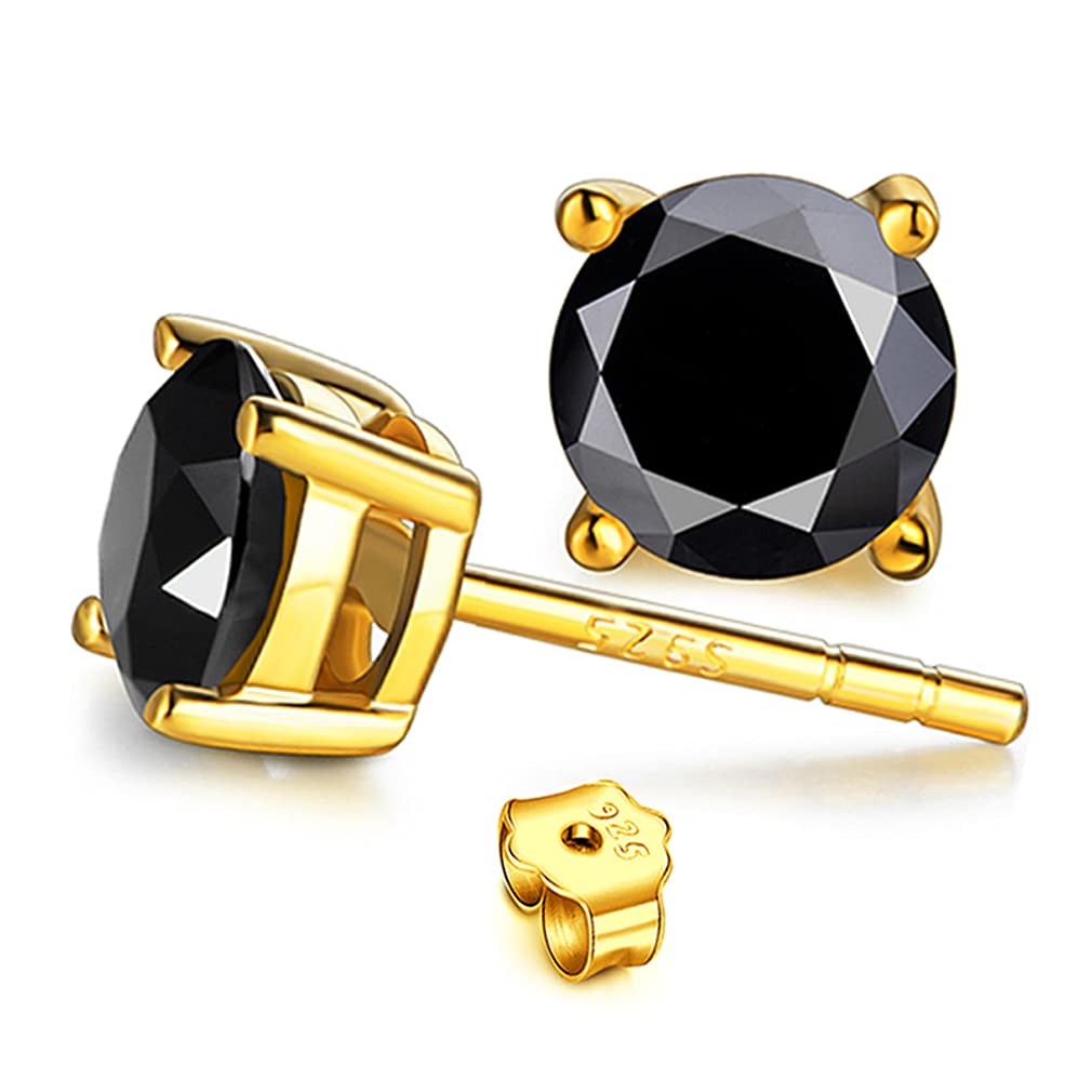 JiangXin Round Black Onyx 925 Sterling Silver Stud Earring 14K Gold Plated Men Women Boy Girl Unisex Jewelry, Stone Metal, Onyx