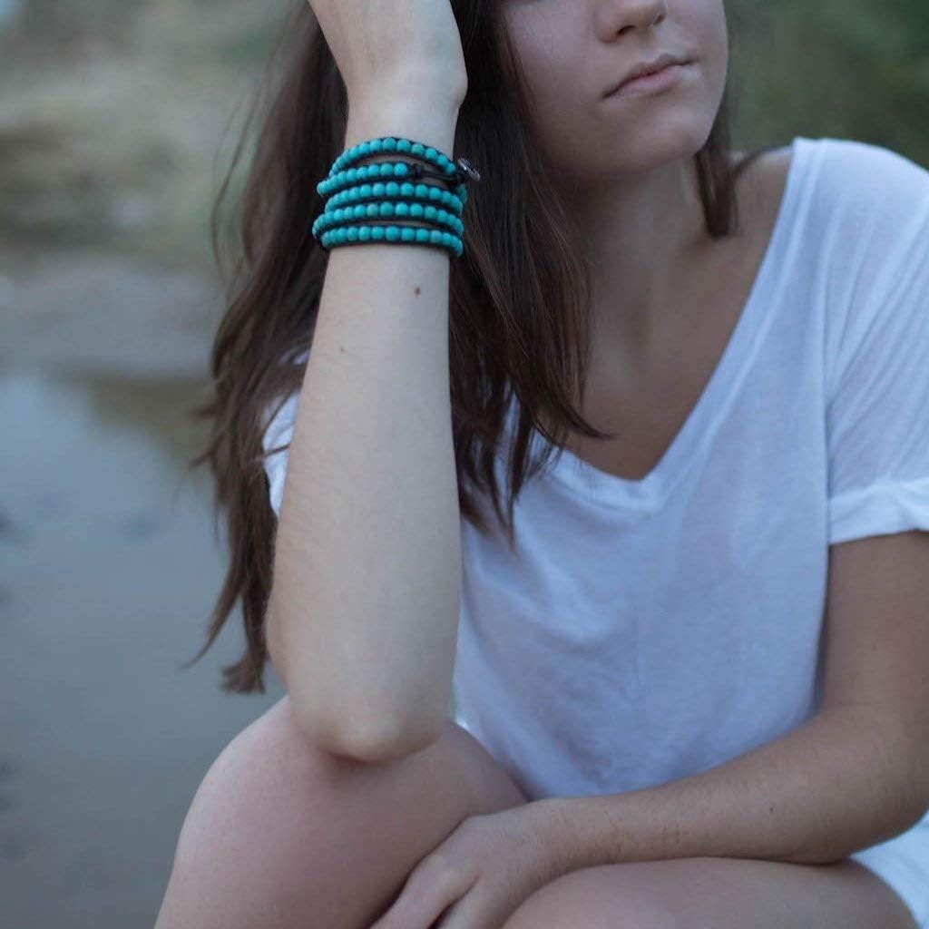 KELITCH Women Turquoise Bracelets Beaded 5 Wrap Bracelet Handmade Turquoise Leather Strand Bracelets New
