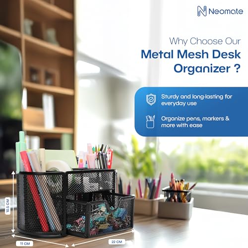 Neomate Metal Mesh Desk Organizer | Durable Office Supplies Caddy with Drawer for Home & Office | Desktop Organizer & Décor | Black - Image 3