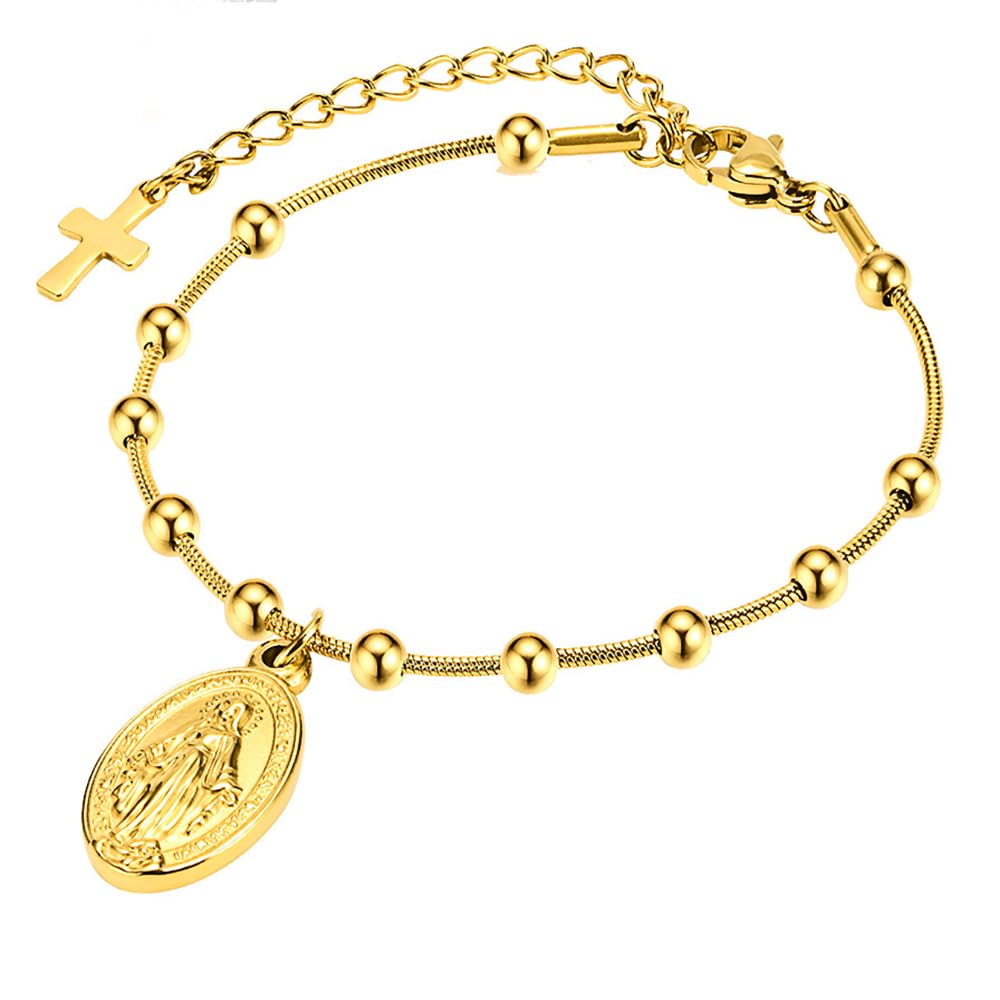 Amoina 18K Gold Over Sterling Silver Cross Bead Charm Link Chain Adjustable Bracelet for Women
