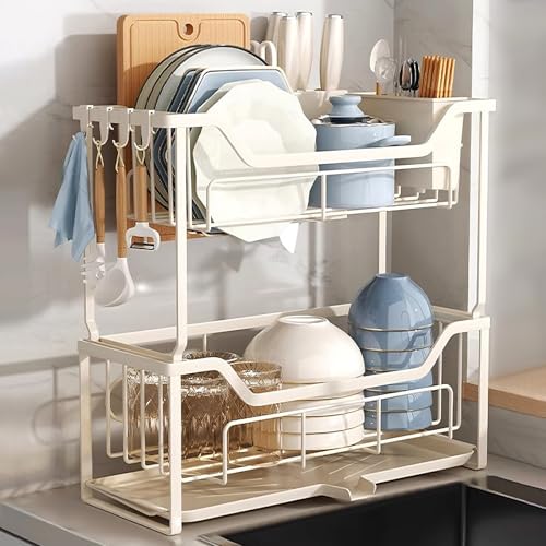 Abtropfgestell für die Spüle, Karbonstahl, Küchenorganizer mit Ablaufschale und 5 Haken, platzsparender Caddy für Küche und Bad