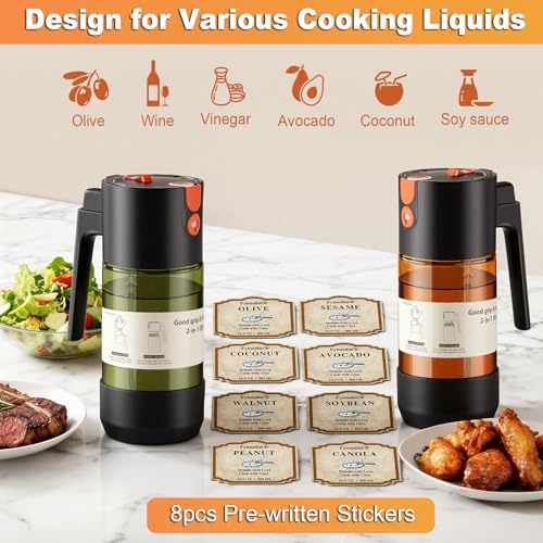 2-IN-1 Oil Sprayer for Cooking with 8 Stickers Light-Blocking Dark Glass Olive Oil Dispenser Bottle for Kitchen 500ml/16.9oz Oil Mister for Air Fryer, BBQ,Salad Even Spray with Portion Control-2PC by Fynnsilas - Used condition - Image 7