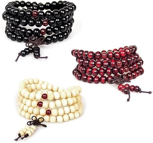 PWMENLK 108 Mala Beads Bracelets Meditation Necklace 3pc 8mm Wood Prayer Beads Buddhist Wooden Necklace for Men and Women(red black white)