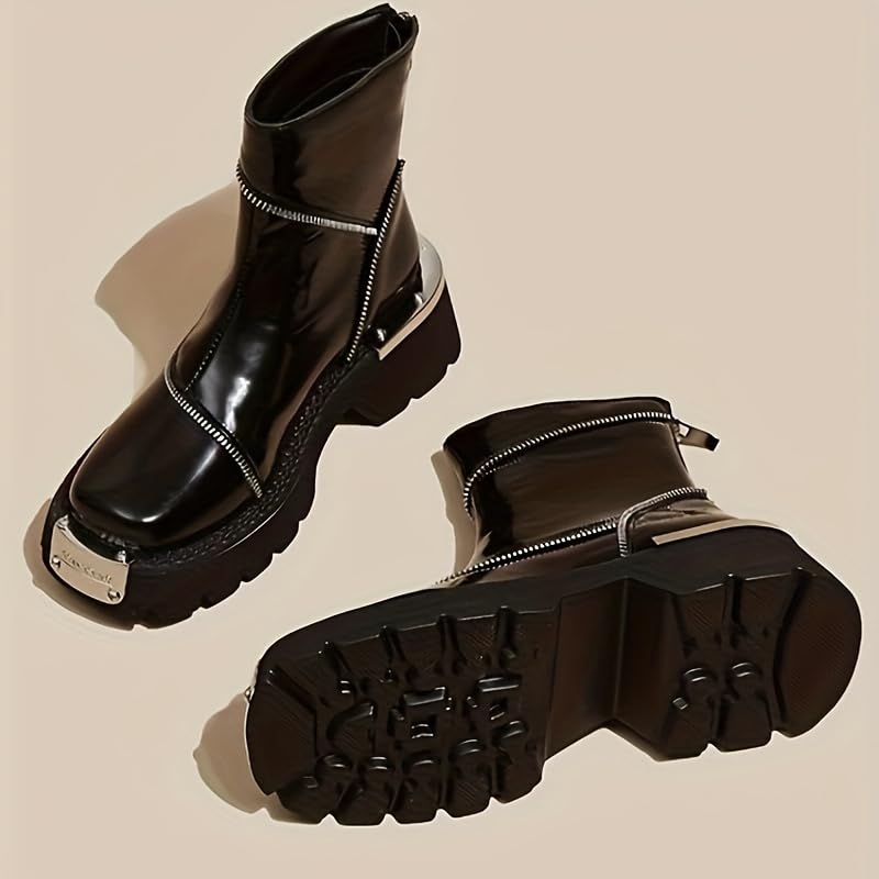 Chic Square-Toe Ankle Boots - Versatile Zip-Up Design with Solid Black Platform Heel2