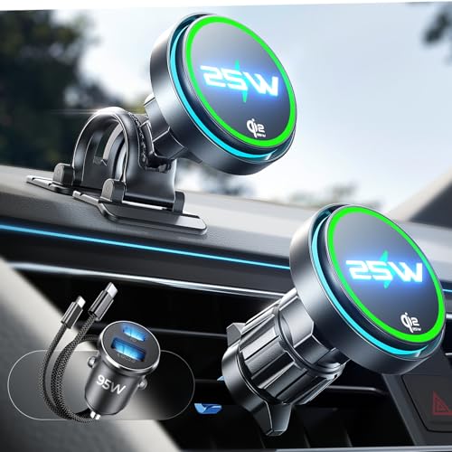 LISEN for Qi2.2 25W MagSafe Car Mount Charger，[Top Spec with Cooling Fan＆95W Fast Adapter] Wireless Car Charger 25W Galaxy S26 Ultra Car Charger Fast Charging for iPhone 17 Pro Max Air 16-12 Series