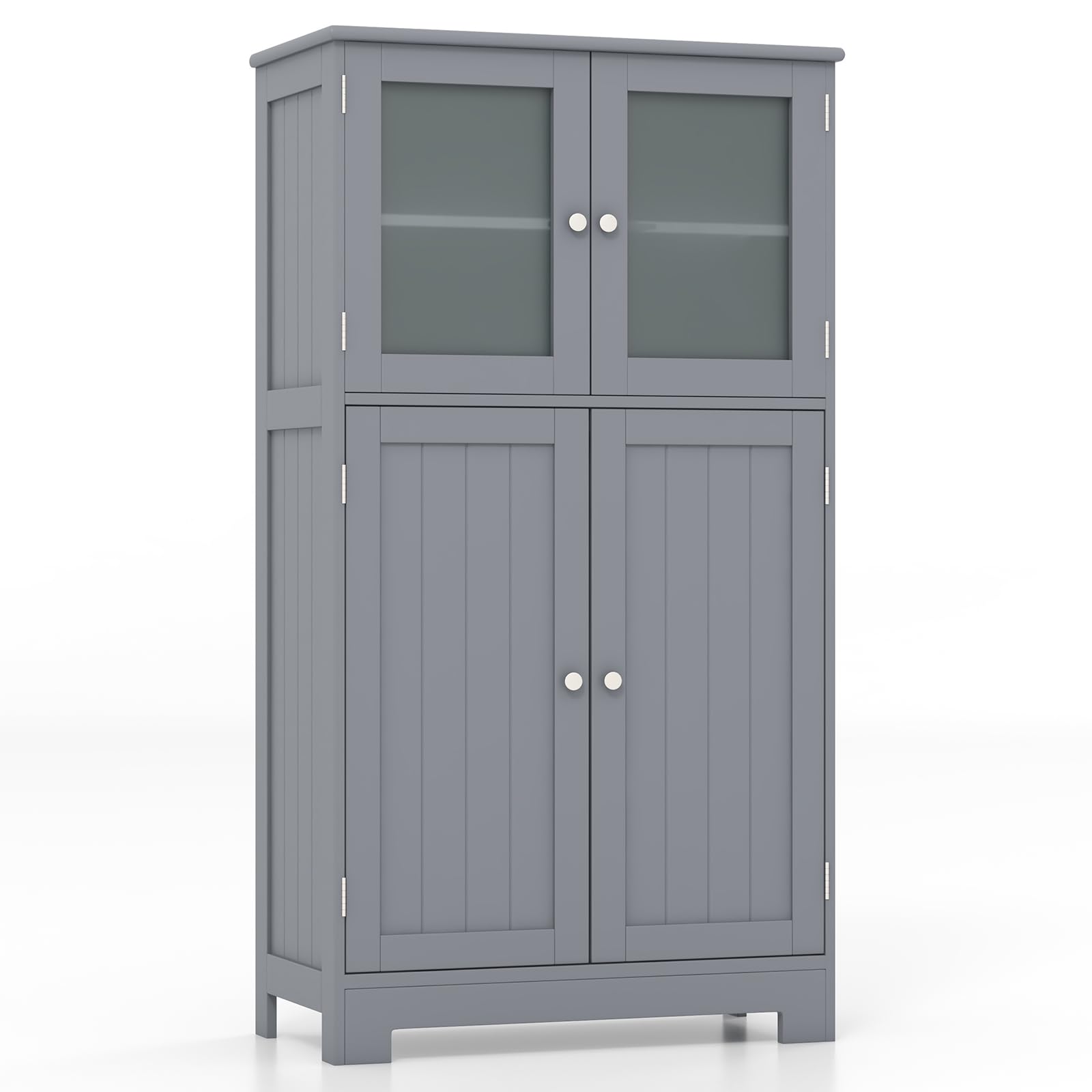 COSTWAY Bathroom Floor Cabinet, Freestanding Storage Cupboard with Tempered Glass Doors and Adjustable Shelf, Wooden Side Cabinet Organiser Unit for Living Room Kitchen Entryway (Grey)