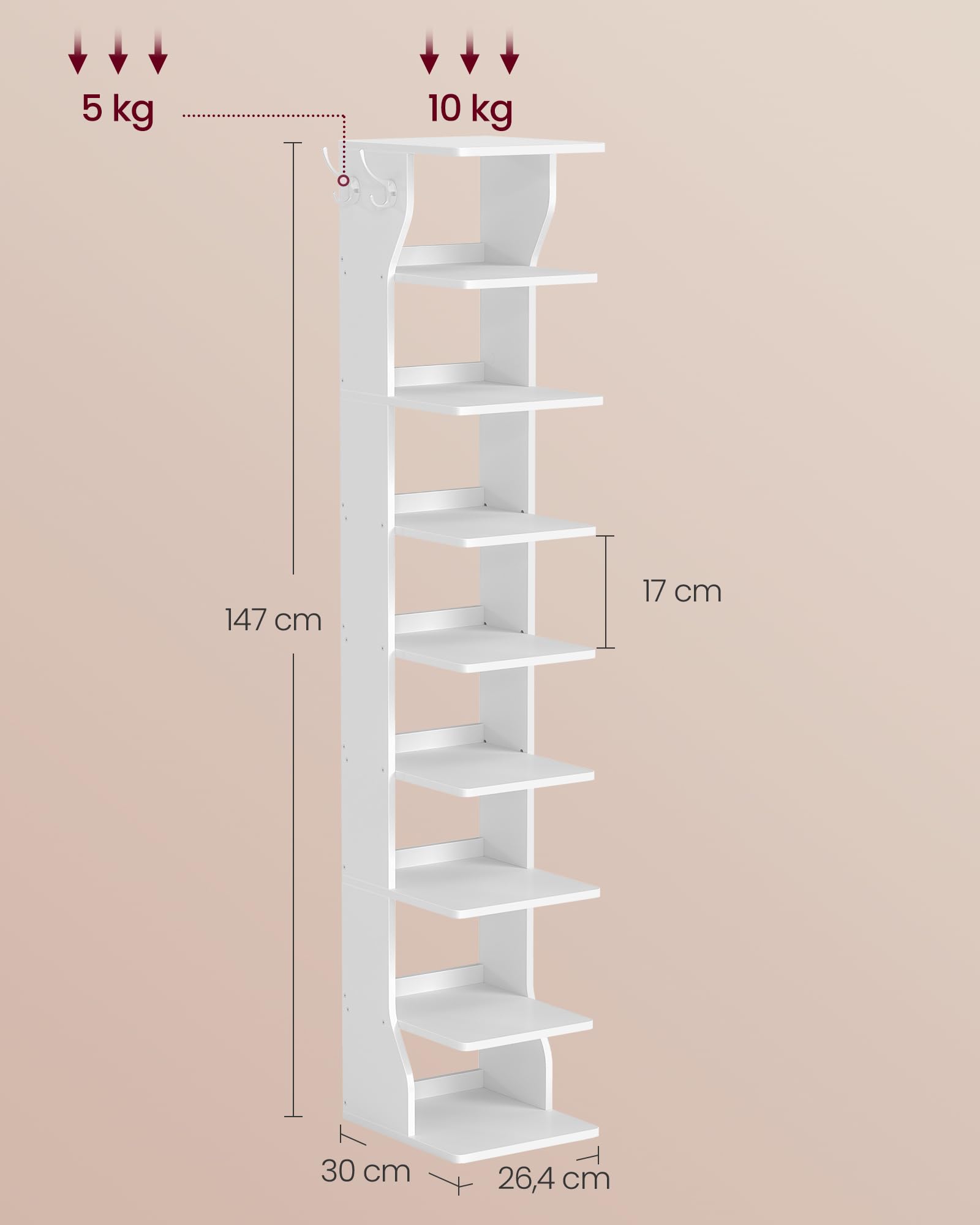 VASAGLE Schuhregal schmal, Standregal mit 9 Ebenen, platzsparend, für Eingangsbereich, Ecke, Schuhablage, mattweiß LBS210WB01