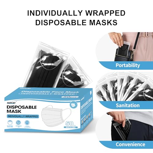 Image of NNPCBT Black Individually Wrapped Masks 50pcs, Disposable Face Masks for Adults, 3 Ply Breathable Face Mask Black Indoor Outdoor