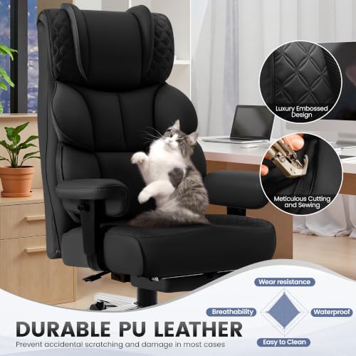 Image of Office Desk Chair, Big and Tall Leather Gaming Chair with Footrest, Wide Ergonomic Comfy Executive High-Back Reclining Computer Chairs, Swivel Rolling Wheels and Padded Lumbar Support, Black Updated