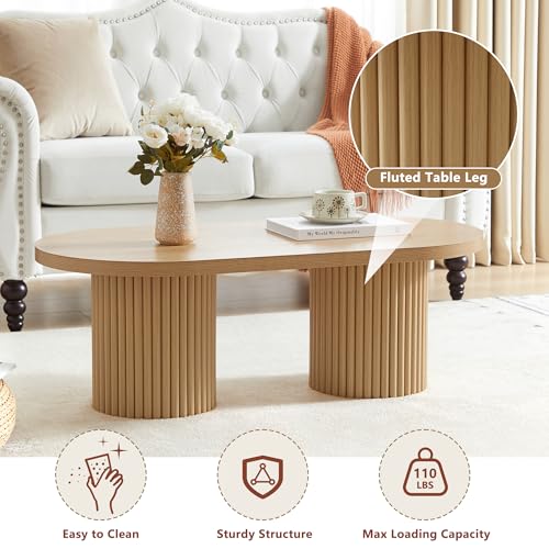 Image of Fluted Oval Coffee Table for Living Room, Boho Modern Coffee Table,Natural | Mid Century Modern Coffee Table with Fluted Legs, Wooden Center Table for Home Office Cafe, Vintage, 39.38 inch x 19.69 inch x 13.78 inch