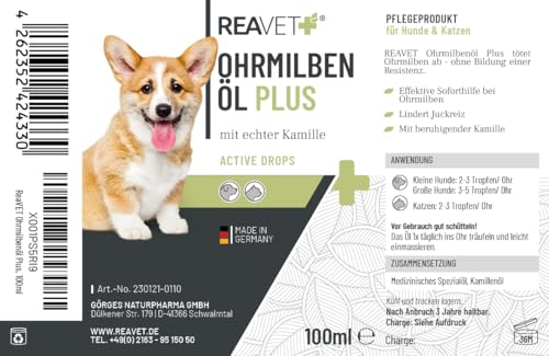 ReaVET Ohrmilbenöl Plus 100ml sofort wirksames Mittel für Hunde – gegen Ohrmilben mit Kamille, Sanfte Pflege bei Juckreiz im Ohr, Ohrentropfen Milben, Ohrenreiniger
