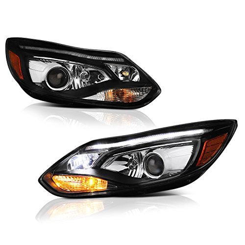 VIPMOTOZ LED Strip Projector Headlight Assembly For 2012-2014 Ford Focus - Matte Black Housing, Driver and Passenger Side