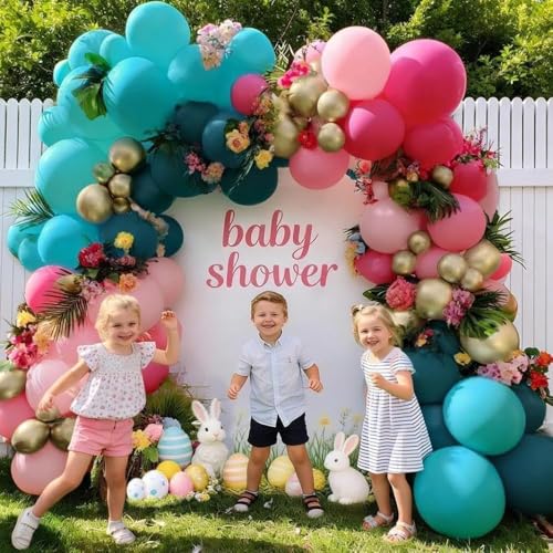 Image of Teal Blue Pink Balloon Garland, Double Stuffed Hot Light Pink Dusty Blue Gold Balloon Arch Kit for Summer Birthday Baby Shower Gender Reveal Tropical Party Decoration