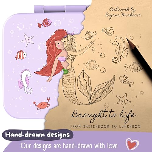 Image of BEARFOOT Kids Lunch Box with Compartments - Compact & Lightweight | Leak-Proof, BPA-Free, Dishwasher Safe | Hand-Drawn Design for Preschool, School, Travel (Mermaid Purple, 4 Cups)