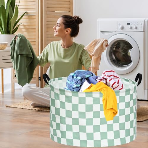 Image of MAIZMZ Sage Checkered Storage Basket Extra Large 80L Kids Hamper Baby Laundry Basket Waterproof Toys Car Organizer Collapsible Canvas for Home /Dorm /Pet /Office /Closet /Shelf /Gift Baskets