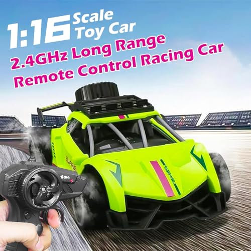 Image of joybox 1:16 Scale RC Racing Car, 2.4GHz Remote Control, Anti-Skid Rubber Tyres, Neon Green with Rear Spoiler and Roof Rack, with Mist Spray