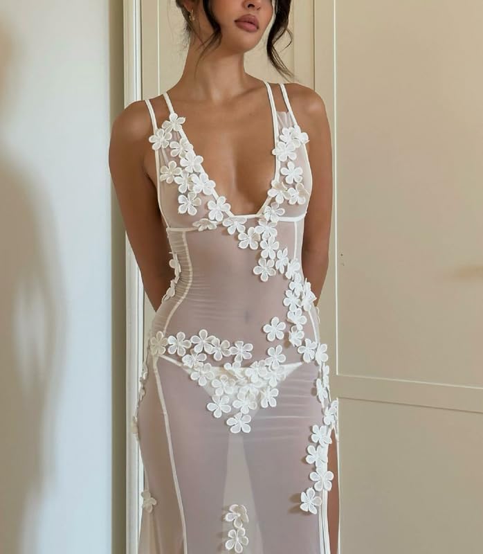 Sexy See Through Sheer Mesh Maxi Dress Sleeveless Lace Patchwork Long Dress Perspective Backless Bodycon Beach Wear - Image 6
