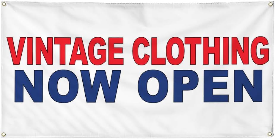 Vinyl Banner Multiple Sizes Vintage Clothing Now Open Red Blue Business Outdoor Weatherproof Industrial Yard Signs 4 Grommets 16x40Inches
