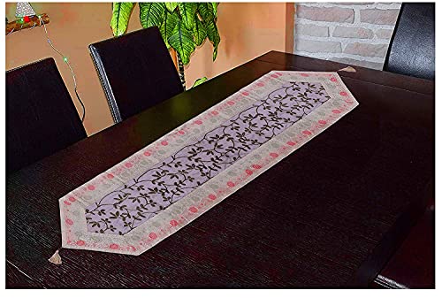 Image of E-EZRA Ari Zari Embroidery Table Runner for Dining Table 6 Seater 72IN Indian Satin Traditional Long Runner Up with Tassels Coffee Tablecloth for Room & Home Decor Runner (Beige)