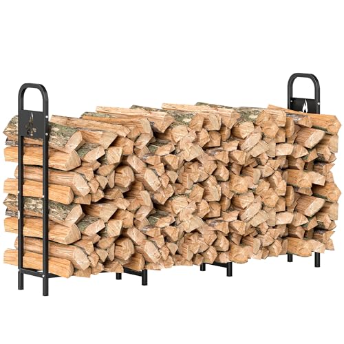 Outsunny Estante de Leña Metálico, 200x30x120 cm, Carga 300 kg, Leñero Exterior con Marco de Acero, Patas Extra Reforzadas y Diseño Recortado de Fogata, Soporte para Leña de Chimenea, para Jardín