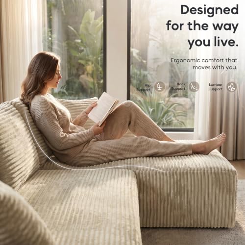 Image of 133 inch Oversized Cloud Boneless Sofa Couch with Chaise, Modern Corduroy U Shaped Modular Sectional Sofa with Deep Seat, Comfy Couch with Cupholders and Storage, No Assembly Required-Camel