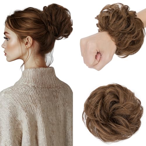 Elailite Moños Postizos de Pelo Natural Rizado Ondulado #04 Marrón Medio Postizos Moño y Coletas Pelo Natural 25g