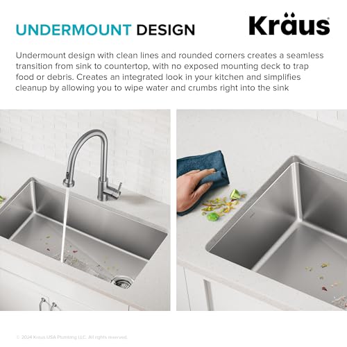 KRAUS Stainless Steel 33 in 18 Gauge Undermount Kitchen Sink KHU640-33 | 18-gauge stainless steel construction, rounded corners resist buildup, channel grooves for draining, NoiseDefend pads - image 9