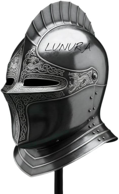 Medieval Knight Helmet, Silver Metal with Celtic Engravings, Decorative Armor Display