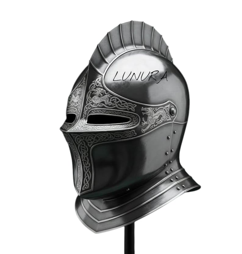 LUNURA Medieval Knight Helmet Silver Metal with Celtic Engravings Decorative Armor Display