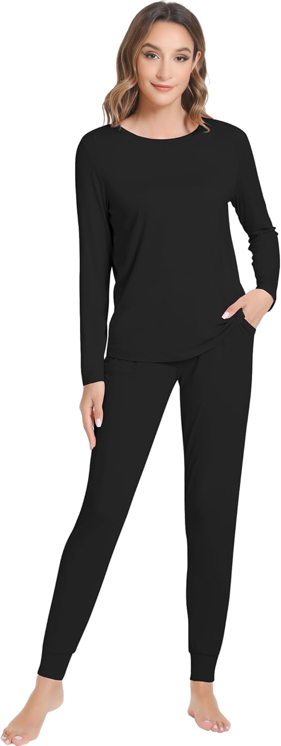 NACHILA Pajamas for Women-Viscose Made from Bamboo,Long Sleeve Pajama Sets Crew Neck Pj with Joggers Pants Soft 2 Piece Pjs