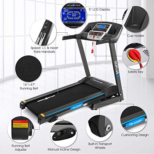 Image of Goplus 2.25HP Electric Folding Treadmill with Incline, Walking Running Jogging Fitness Machine with Blue Backlit LCD Display for Home & Gym Cardio Fitness