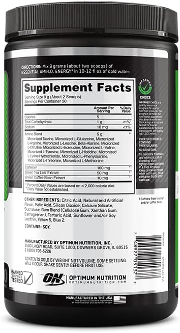 Optimum Nutrition Amino Energy - Pre Workout with Green Tea, BCAA, Amino Acids, Keto Friendly, Green Coffee Extract, Energy Powder - Lemon Lime, 30 Servings