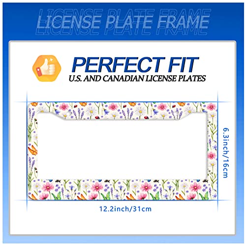Watercolor Summer Wild Flowers License Plate Frame Insects Floral License Plate Stainless Steel Rust-Proof Auto Parts Colorful License Plate Cover Decorative With Screws Size 12.3" X 6.3" Men Women #TOP5