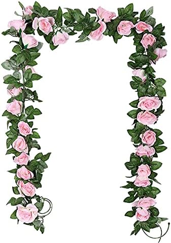 TSHAOUN 2 Pezzi Ghirlanda di Fiori Rosa Artificiali con Foglie Verdi, Seta Fiori Finta Piante Sospese per Arco Matrimoni Feste Hotel Ufficio Giardino Casa Muri Decorazione 2 x 2.3 M (Rosa)