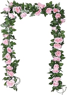 TSHAOUN 2 Pack Artificial Rose Vines Garland Fake Flower Plants Arts Hanging Decoration for Outdoor Indoor Home Kitchen Garden Office Wedding Ceremony Hotel Party 2 x 7.5 FT (Pink)