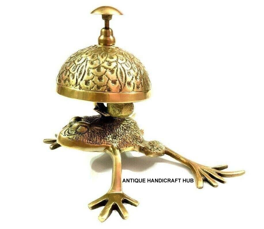 Campana de latón adornada con diseño de rana vintage para mostrador de hotel, recepción