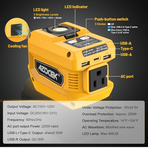 Image of 220W Azocek Power Inverter Compatible with Dewalt 20V Battery (Battery not Included), DC 20V to AC 110V, 2 USB Ports & 1 Type-C Fast Charging, 400LM LED Work Light (2-Pack)