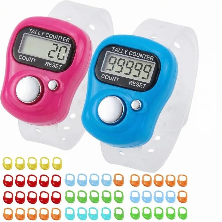 2 Piezas Contadores Electrónicos de Dedos Contador Digitales de Dedos Mini Contador Vueltas de Mano Pantalla para Deportes Golf Crochet Tejido con 50 Piezas Marcadores Punto Coloridos (Aleatorio)