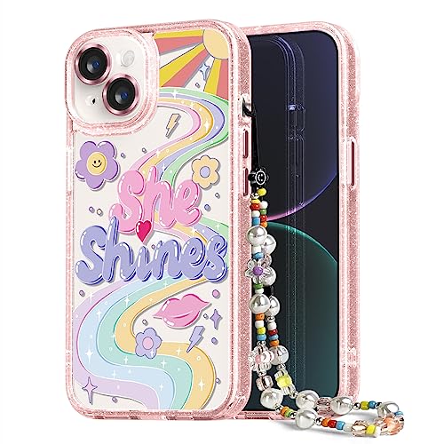 Image of Designed for iPhone 14 Case Pink Glitter Clear - Cute Bling Phone Case with Wrist Strap - Aesthetic Y2K Case for Woman, Girl 6.1 inch (She Shines)