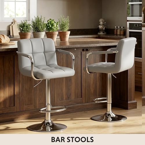 Image of HealSmart Bar Stools Set of 2, Adjustable Swivel Bar Chairs with Cushioned Armrests & Ergonomic Backrest, Water-Resistant PU Leather for Kitchen Island Counter Pub Dining Room, Grey